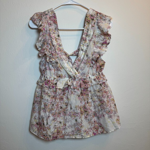 Munthe Womens  Size 42 Floral Ruffle Blouse Pink Purple Sheer Silk Cotton Blend - Picture 1 of 6